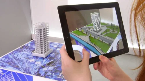 Augmented reality app on a phone overlaying digital content on the real world for Nipsapp AR development services