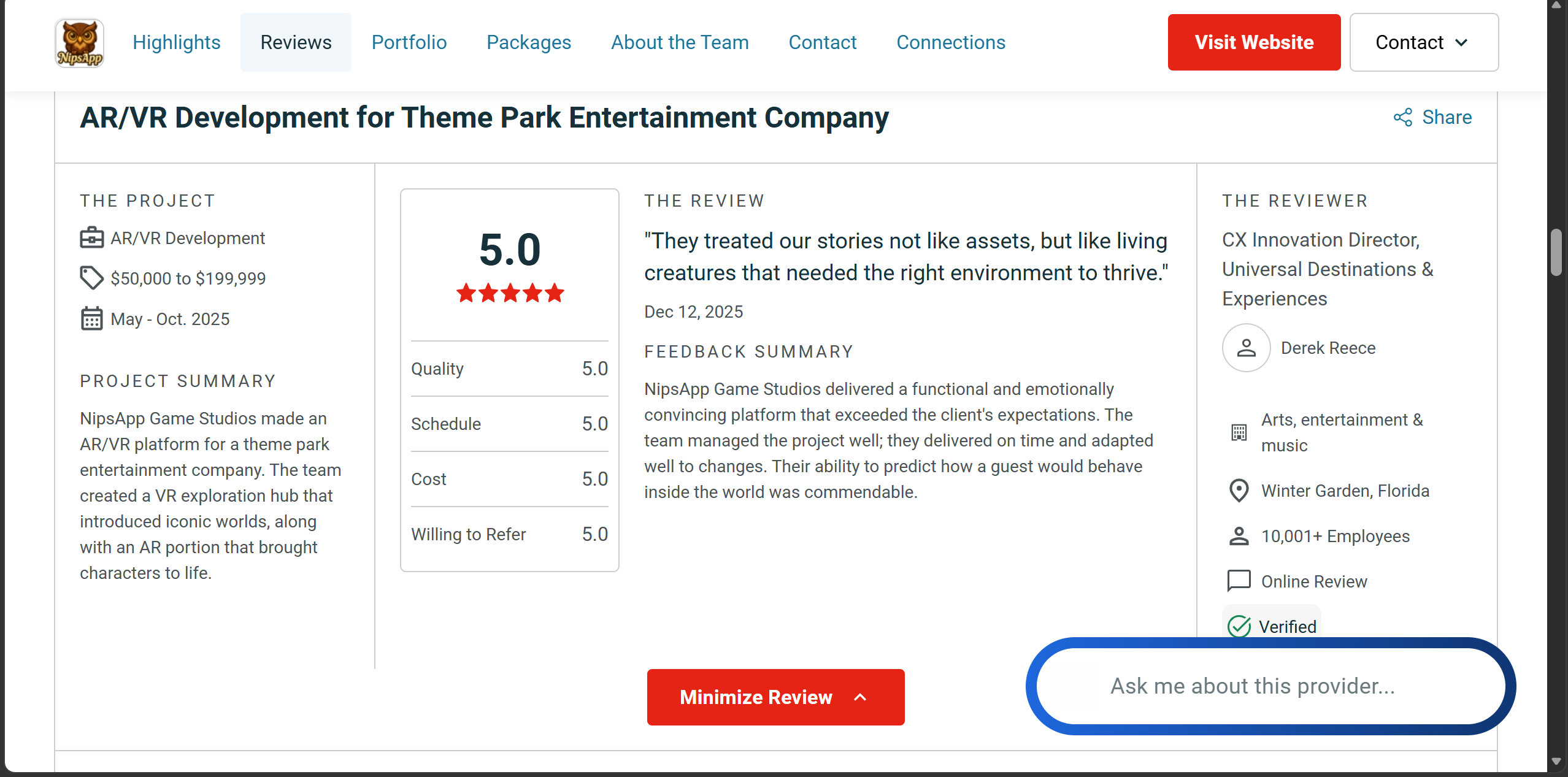 NipsApp Game Studios 5.0 star verified review on Clutch from Universal Destinations and Experiences