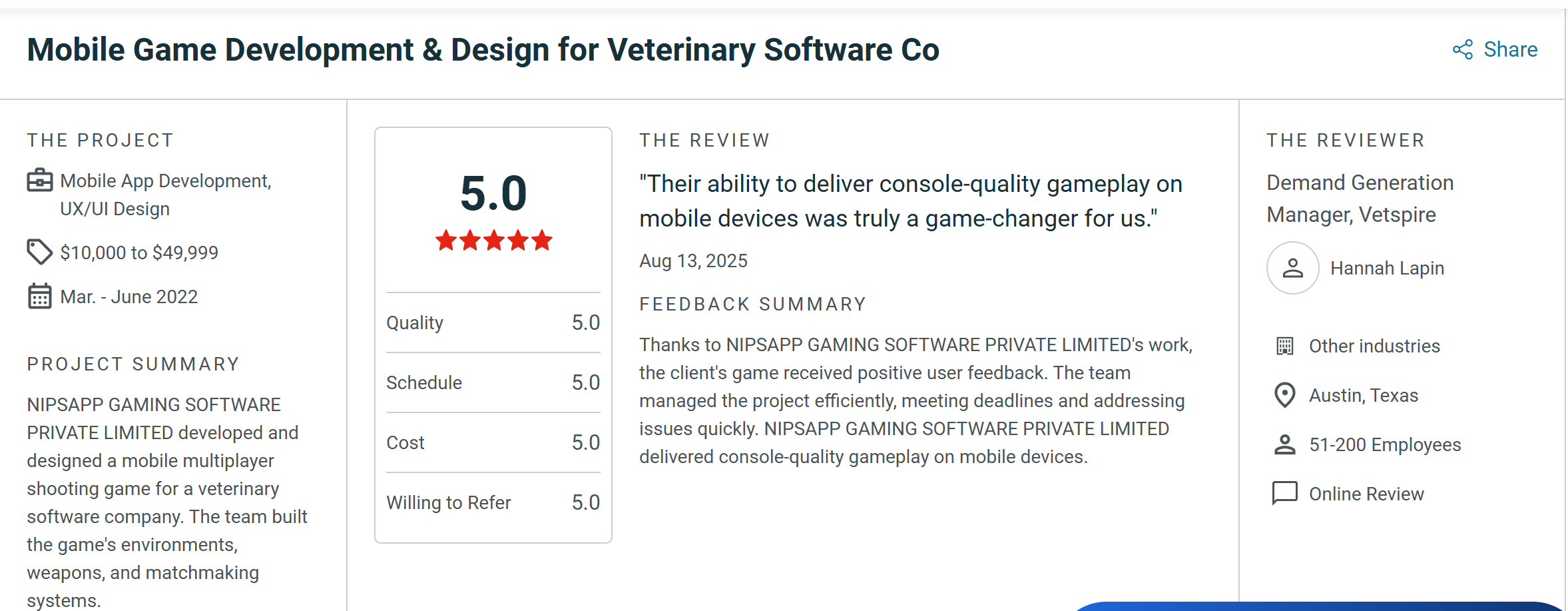 NipsApp Game Studios 5.0 star verified Clutch client review for Unity3D enterprise development project