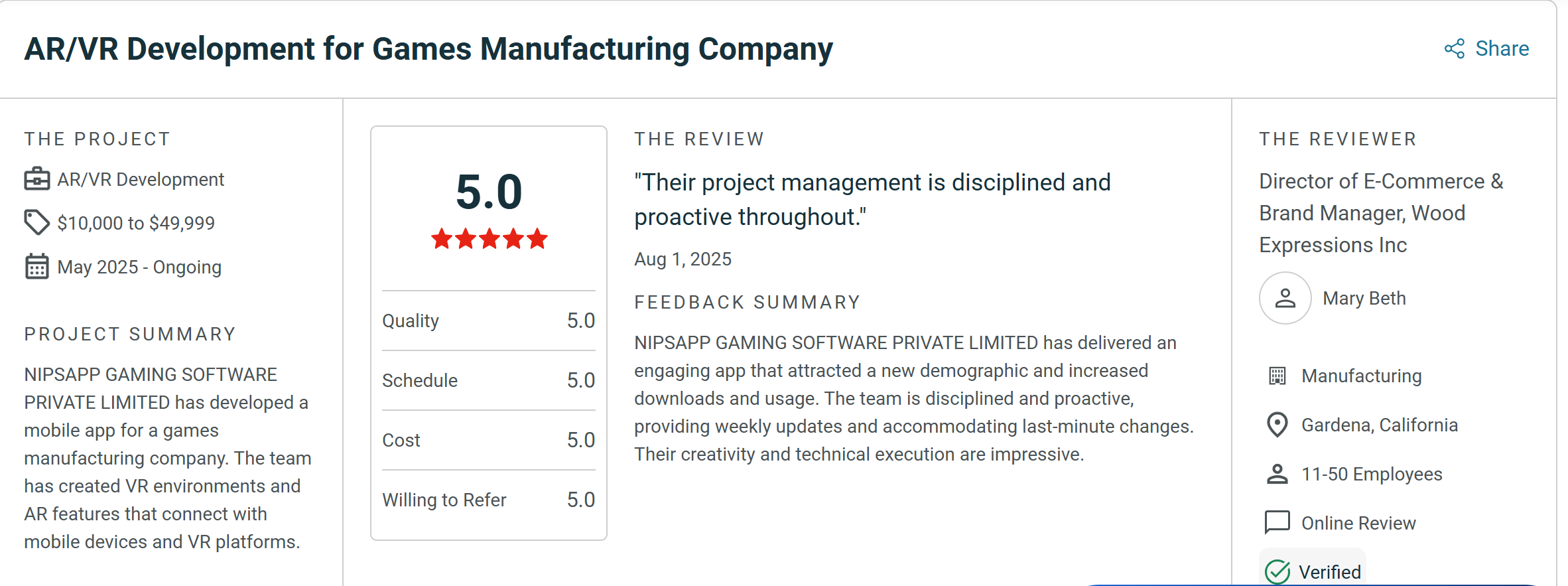 NipsApp Game Studios 5.0 star verified Clutch client review for AR development project for small business