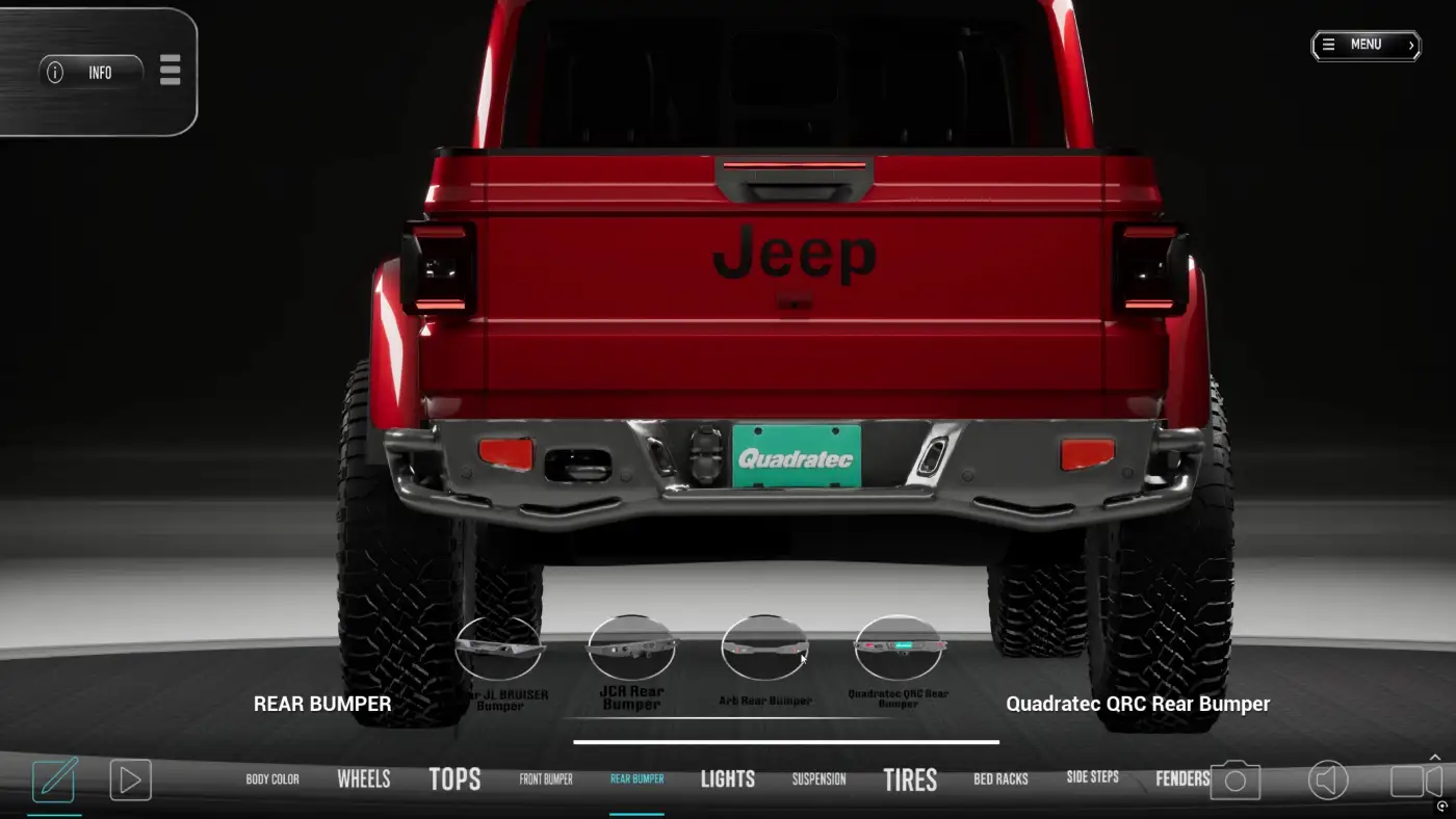 RigBuilder VIN lookup module interface showing VIN input field and auto-loaded Jeep Wrangler JL Rubicon base configuration