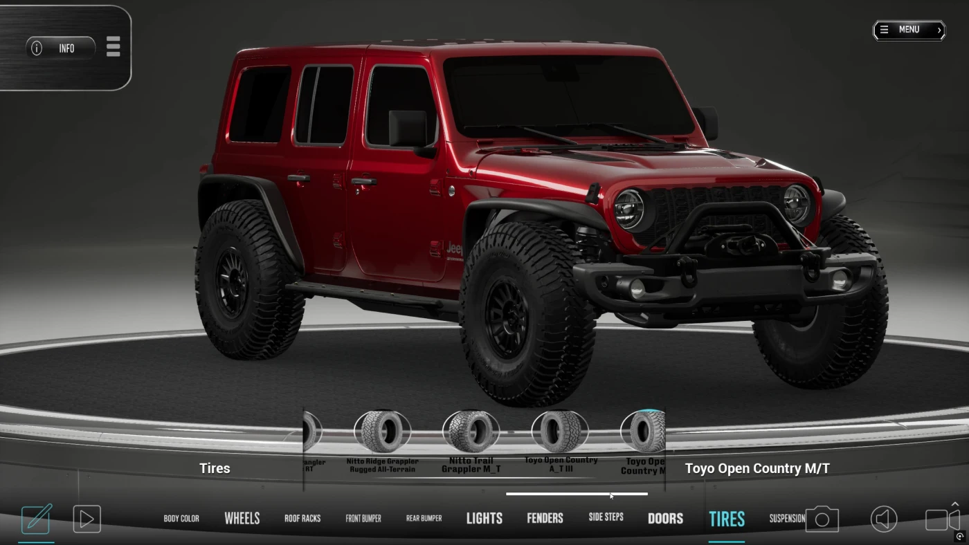 RigBuilder augmented reality module showing a configured Jeep Wrangler JL placed in a customer driveway using ARKit on an iPhone