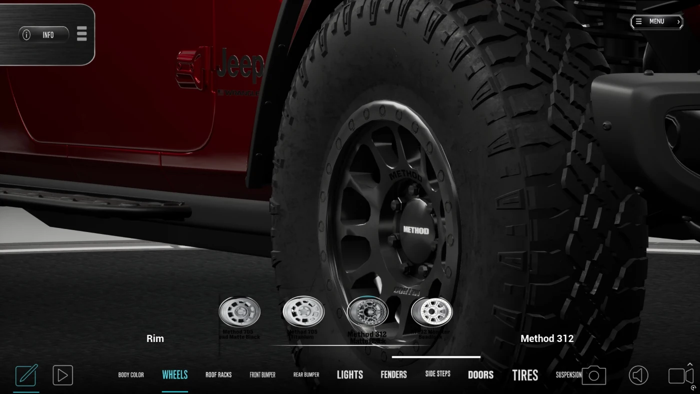 RigBuilder Unreal 3D configurator interface showing Jeep Wrangler JL with accessory selection panel and real-time rendering
