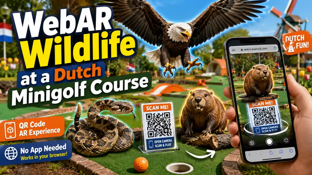 WebAR wildlife experience at a Dutch minigolf park by NipsApp Game Studios, showing a bald eagle, rattlesnake and beaver in augmented reality beside a scannable QR sign